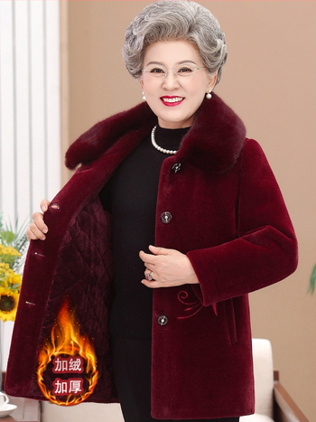 Moterų vyresnio amžiaus žieminis paltas — stora užpildo, Ice Silk poliesteris (≥95%), vienos eilės sagų užsegimas, vienalytis spalvų raštas, įprasta ilgis 50–65 cm