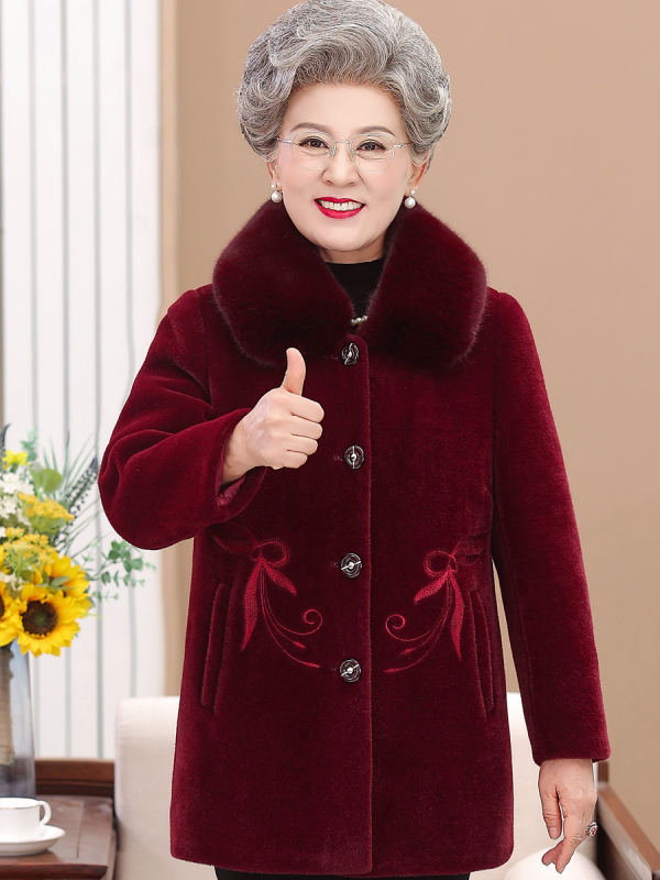 Moterų vyresnio amžiaus žieminis paltas — stora užpildo, Ice Silk poliesteris (≥95%), vienos eilės sagų užsegimas, vienalytis spalvų raštas, įprasta ilgis 50–65 cm