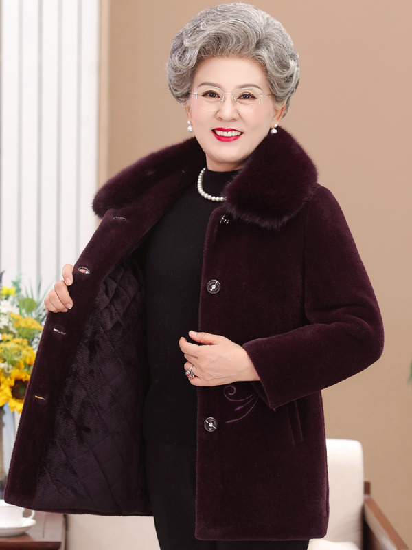 Moterų vyresnio amžiaus žieminis paltas — stora užpildo, Ice Silk poliesteris (≥95%), vienos eilės sagų užsegimas, vienalytis spalvų raštas, įprasta ilgis 50–65 cm