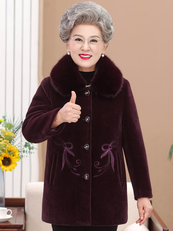 Moterų vyresnio amžiaus žieminis paltas — stora užpildo, Ice Silk poliesteris (≥95%), vienos eilės sagų užsegimas, vienalytis spalvų raštas, įprasta ilgis 50–65 cm