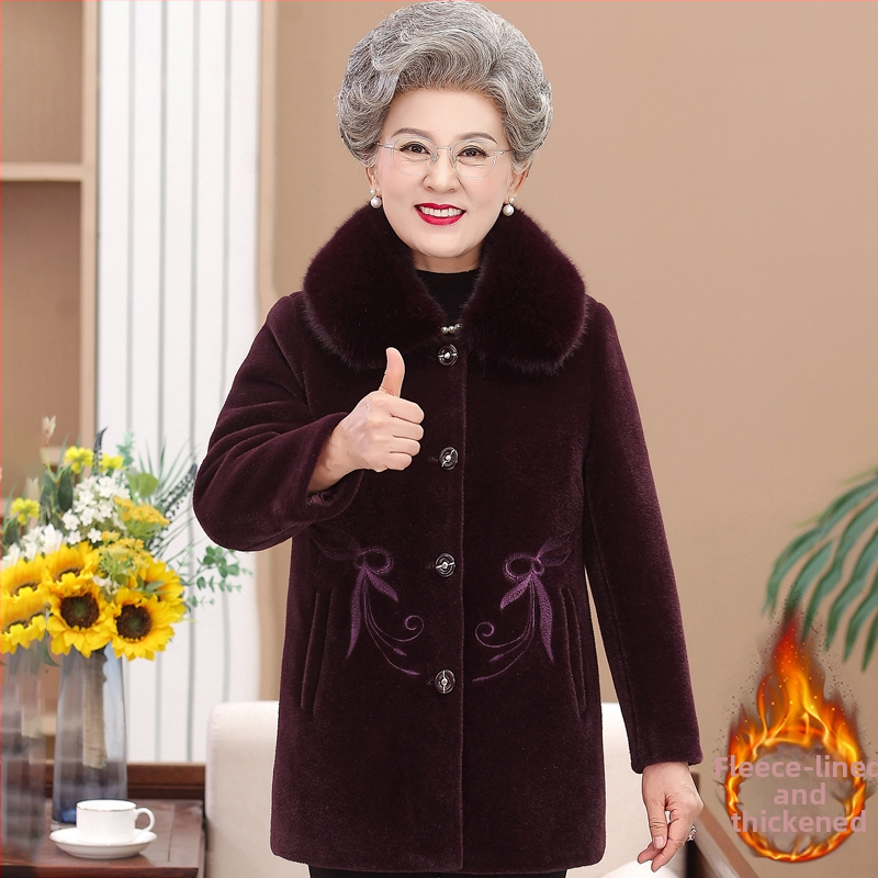 Moterų vyresnio amžiaus žieminis paltas — stora užpildo, Ice Silk poliesteris (≥95%), vienos eilės sagų užsegimas, vienalytis spalvų raštas, įprasta ilgis 50–65 cm