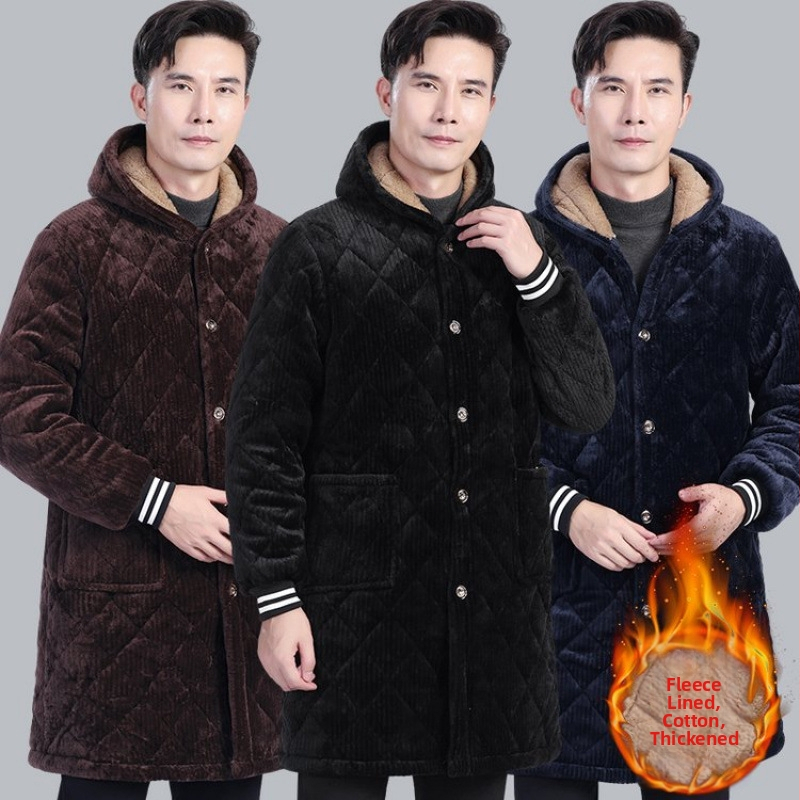 Vyriška striukė su gobtuvu, stora fliso pamušalas, vidutinio ilgio, tridimensinės kišenės su patch, vienos eilės užsegimas