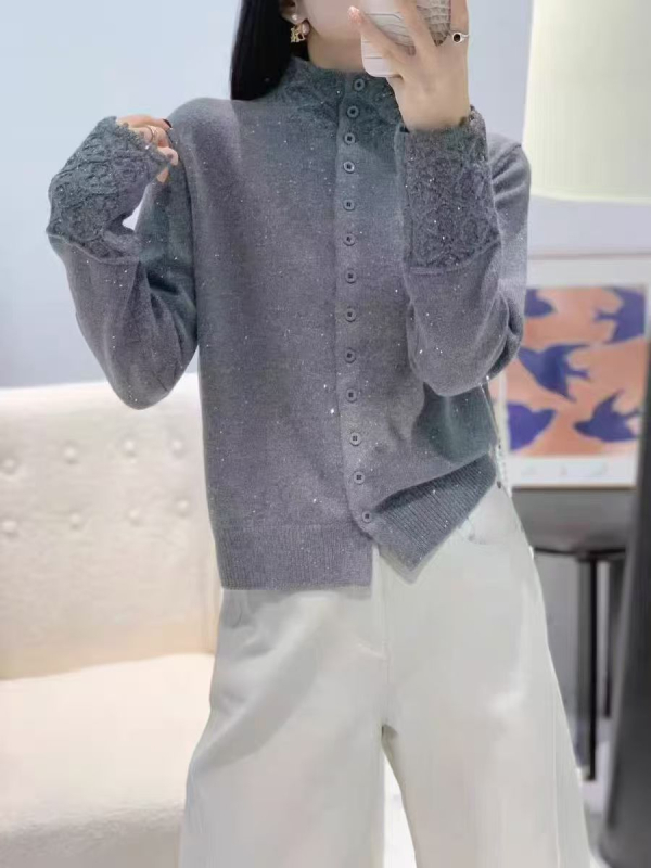 Cardigan damă din amestec de lână, cu guler înalt și paiete, croială lejeră, tricot jacquard, nasturi frontali