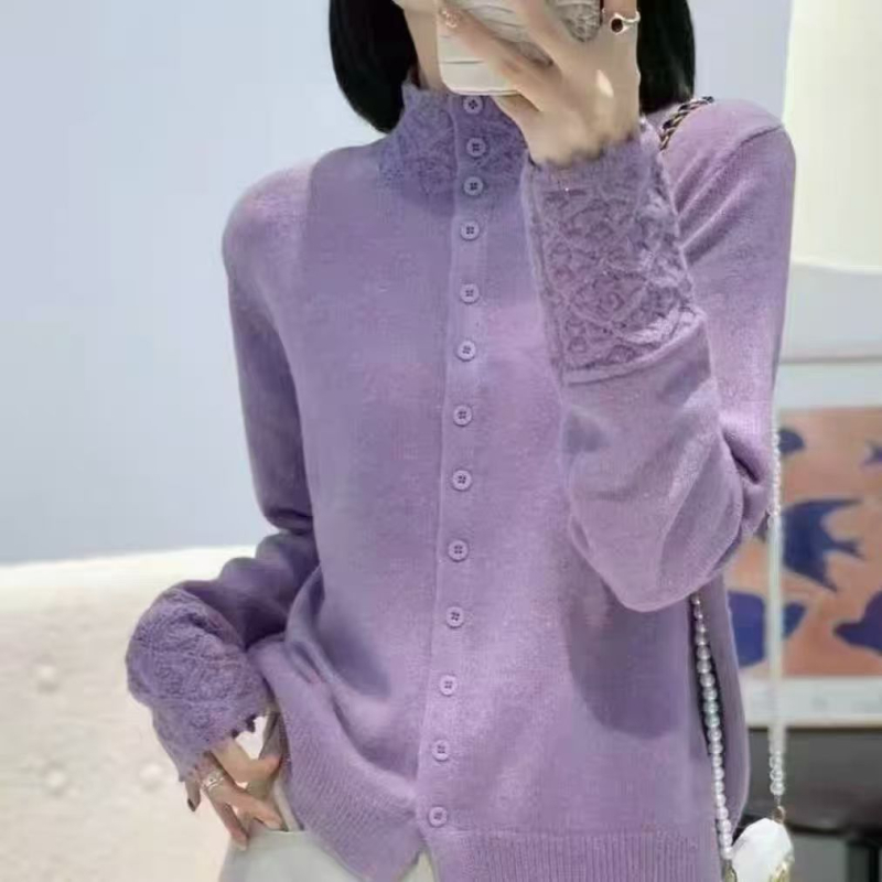 Cardigan damă din amestec de lână, cu guler înalt și paiete, croială lejeră, tricot jacquard, nasturi frontali