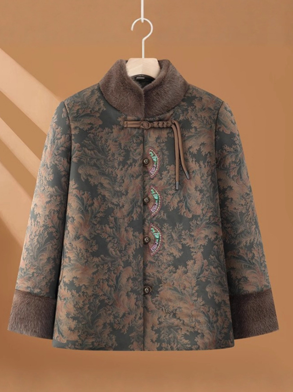 Žieminis medvilninis paltas vyresnėms moterims, gėlių raštas, stovinti apykaklė, storas užpildas, laisvas kirpimas