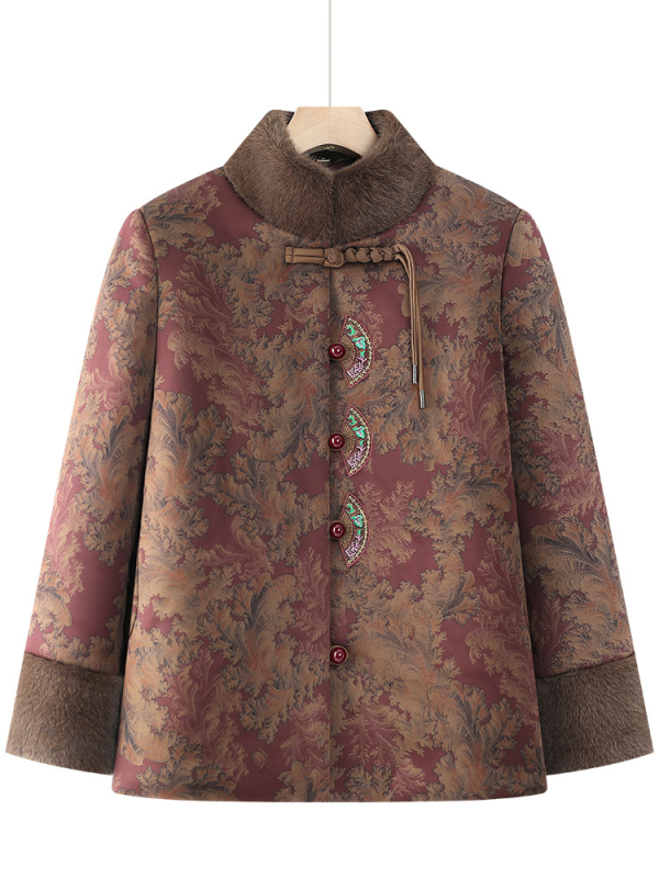 Žieminis medvilninis paltas vyresnėms moterims, gėlių raštas, stovinti apykaklė, storas užpildas, laisvas kirpimas