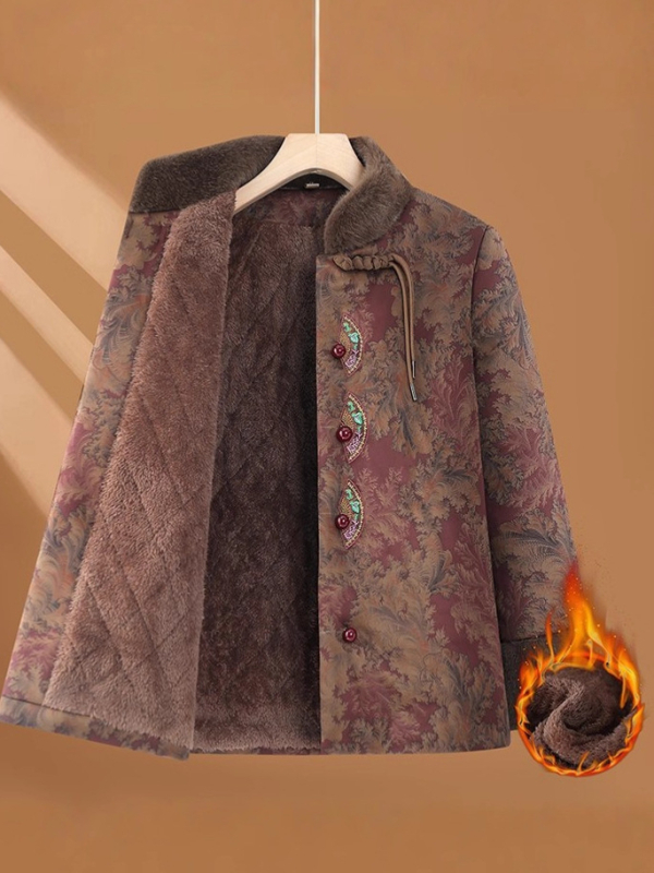 Žieminis medvilninis paltas vyresnėms moterims, gėlių raštas, stovinti apykaklė, storas užpildas, laisvas kirpimas