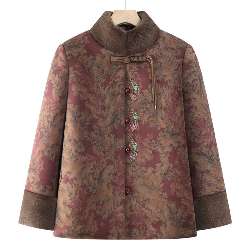 Žieminis medvilninis paltas vyresnėms moterims, gėlių raštas, stovinti apykaklė, storas užpildas, laisvas kirpimas