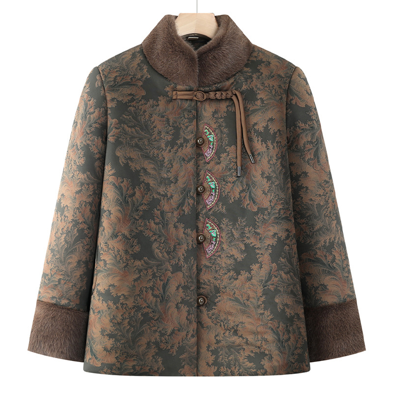 Žieminis medvilninis paltas vyresnėms moterims, gėlių raštas, stovinti apykaklė, storas užpildas, laisvas kirpimas