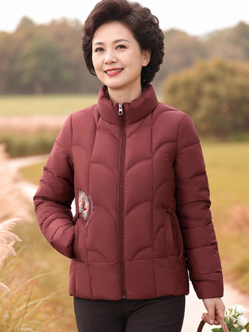 Női téli kabát pamut-puhás töltettel, vastag melegen tartó, álló gallér, növény- és virágmintás, poliészter anyag