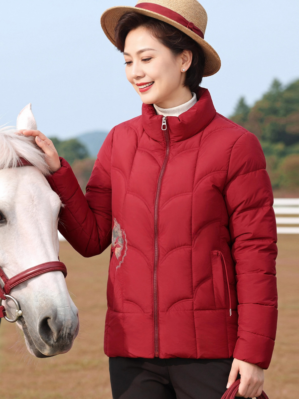 Női téli kabát pamut-puhás töltettel, vastag melegen tartó, álló gallér, növény- és virágmintás, poliészter anyag