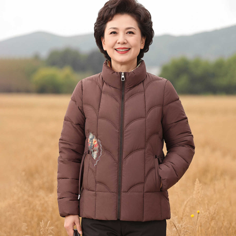 Női téli kabát pamut-puhás töltettel, vastag melegen tartó, álló gallér, növény- és virágmintás, poliészter anyag