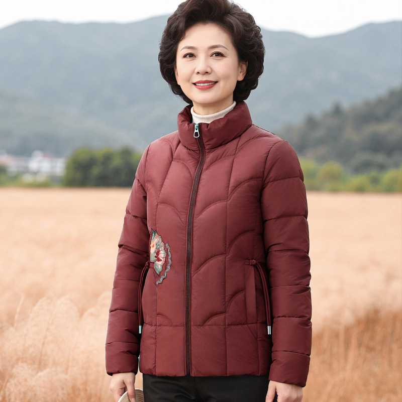 Női téli kabát pamut-puhás töltettel, vastag melegen tartó, álló gallér, növény- és virágmintás, poliészter anyag