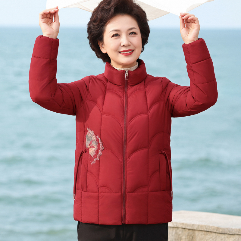 Női téli kabát pamut-puhás töltettel, vastag melegen tartó, álló gallér, növény- és virágmintás, poliészter anyag