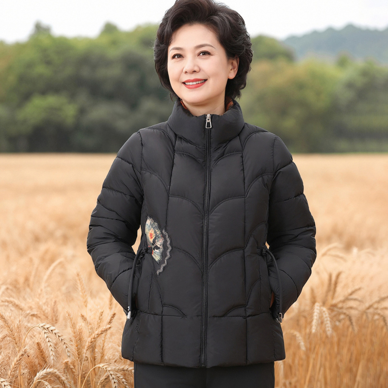 Női téli kabát pamut-puhás töltettel, vastag melegen tartó, álló gallér, növény- és virágmintás, poliészter anyag