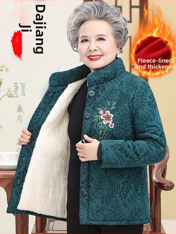 Jachetă de iarnă cu umplutură din bumbac pentru femei în vârstă; guler înalt; model plante și flori; umplutură poliester-bumbac; lungime medie 50–65 cm