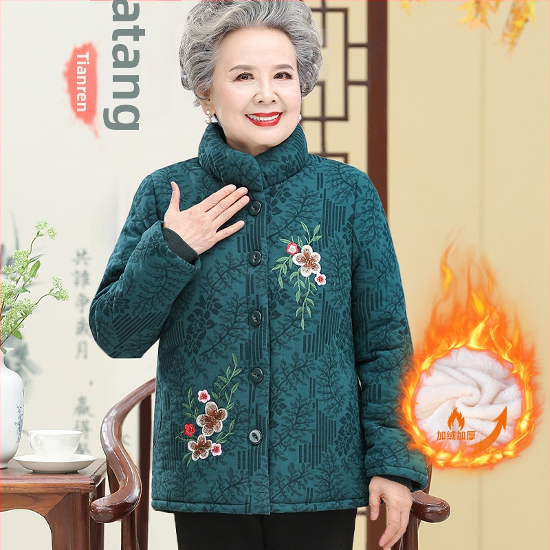 Jachetă de iarnă cu umplutură din bumbac pentru femei în vârstă; guler înalt; model plante și flori; umplutură poliester-bumbac; lungime medie 50–65 cm