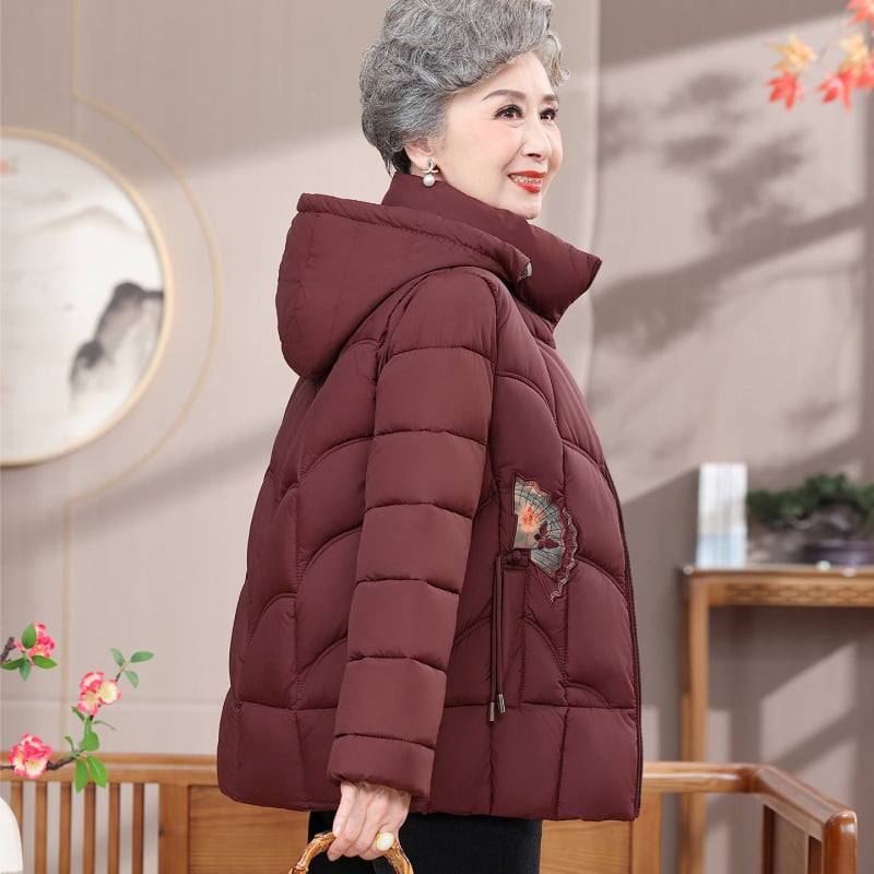 Γυναικείο χειμερινό μπουφάν με γέμισμα από πούπουλα και βαμβάκι, κουκούλα, πυκνή μόνωση, εξωτερικό πολυεστερικό ύφασμα (95%+ πολυεστέρας).