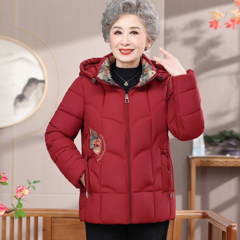 Γυναικείο χειμερινό μπουφάν με γέμισμα από πούπουλα και βαμβάκι, κουκούλα, πυκνή μόνωση, εξωτερικό πολυεστερικό ύφασμα (95%+ πολυεστέρας).