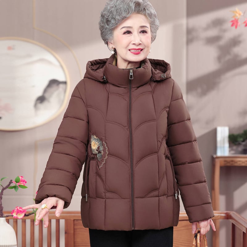 Γυναικείο χειμερινό μπουφάν με γέμισμα από πούπουλα και βαμβάκι, κουκούλα, πυκνή μόνωση, εξωτερικό πολυεστερικό ύφασμα (95%+ πολυεστέρας).