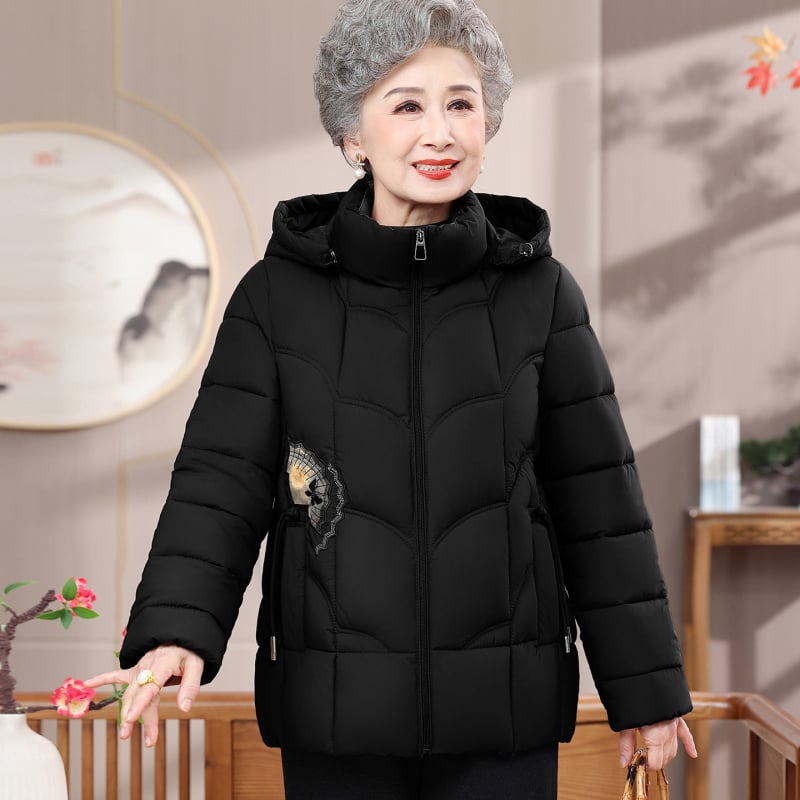 Γυναικείο χειμερινό μπουφάν με γέμισμα από πούπουλα και βαμβάκι, κουκούλα, πυκνή μόνωση, εξωτερικό πολυεστερικό ύφασμα (95%+ πολυεστέρας).