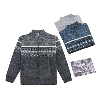 Cardigan su fliso pamušalu, spalvų blokų jacquard megztinis, stovinti apykaklė, vilnos pluoštas 51–55%