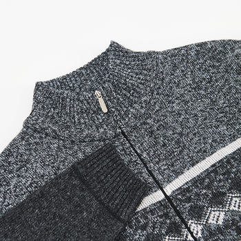 Cardigan su fliso pamušalu, spalvų blokų jacquard megztinis, stovinti apykaklė, vilnos pluoštas 51–55%