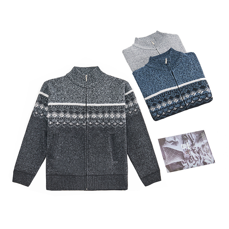 Cardigan su fliso pamušalu, spalvų blokų jacquard megztinis, stovinti apykaklė, vilnos pluoštas 51–55%