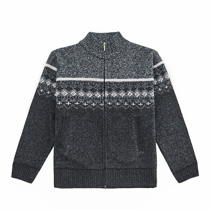 Cardigan su fliso pamušalu, spalvų blokų jacquard megztinis, stovinti apykaklė, vilnos pluoštas 51–55%