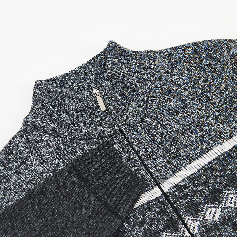 Cardigan su fliso pamušalu, spalvų blokų jacquard megztinis, stovinti apykaklė, vilnos pluoštas 51–55%