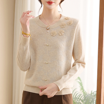 Top tricot pentru femei mature, mâneci lungi, guler rotund, jacquard cu model vegetal floral, amestec din bumbac mercerizat și poliester, stil retro literar, toamnă 2025
