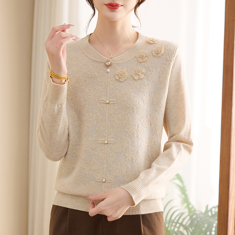 Top tricot pentru femei mature, mâneci lungi, guler rotund, jacquard cu model vegetal floral, amestec din bumbac mercerizat și poliester, stil retro literar, toamnă 2025