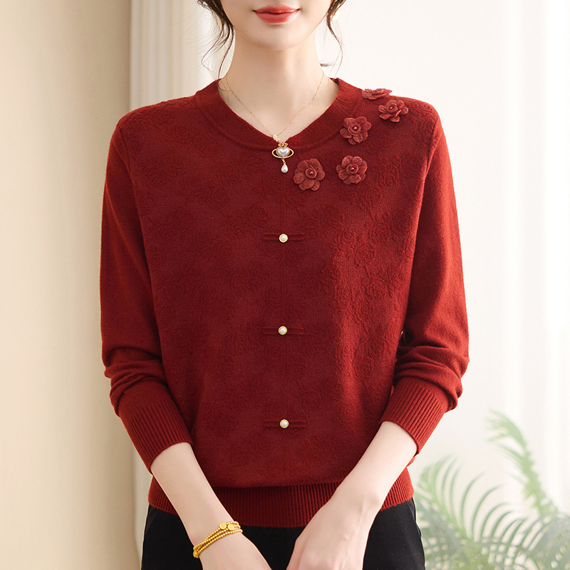 Top tricot pentru femei mature, mâneci lungi, guler rotund, jacquard cu model vegetal floral, amestec din bumbac mercerizat și poliester, stil retro literar, toamnă 2025