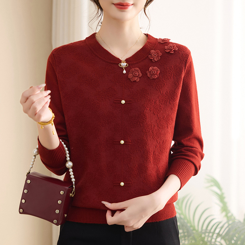 Top tricot pentru femei mature, mâneci lungi, guler rotund, jacquard cu model vegetal floral, amestec din bumbac mercerizat și poliester, stil retro literar, toamnă 2025