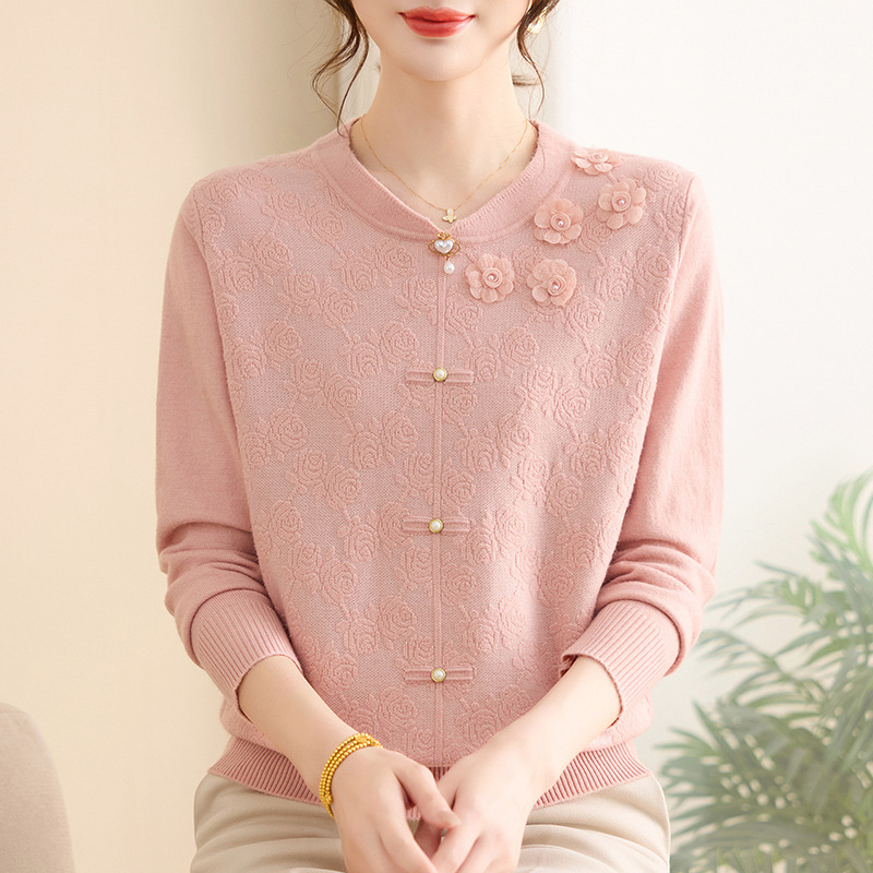 Top tricot pentru femei mature, mâneci lungi, guler rotund, jacquard cu model vegetal floral, amestec din bumbac mercerizat și poliester, stil retro literar, toamnă 2025