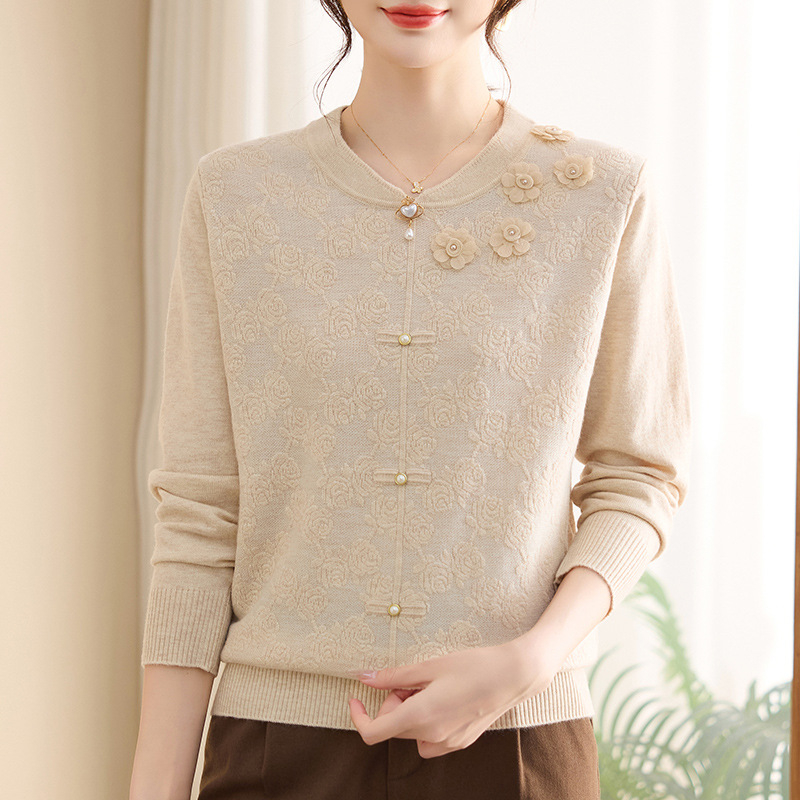 Top tricot pentru femei mature, mâneci lungi, guler rotund, jacquard cu model vegetal floral, amestec din bumbac mercerizat și poliester, stil retro literar, toamnă 2025