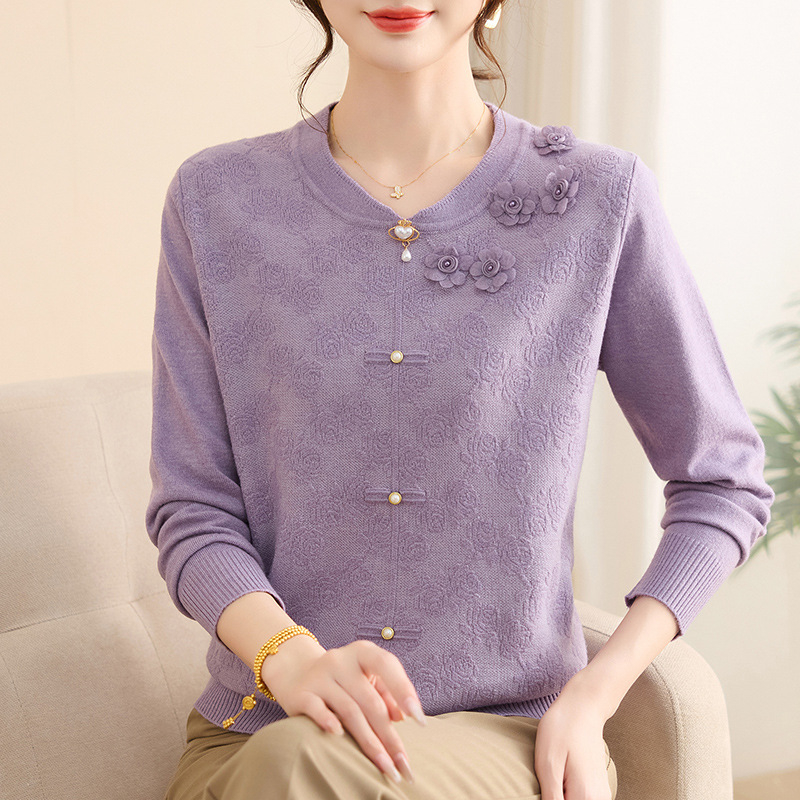 Top tricot pentru femei mature, mâneci lungi, guler rotund, jacquard cu model vegetal floral, amestec din bumbac mercerizat și poliester, stil retro literar, toamnă 2025