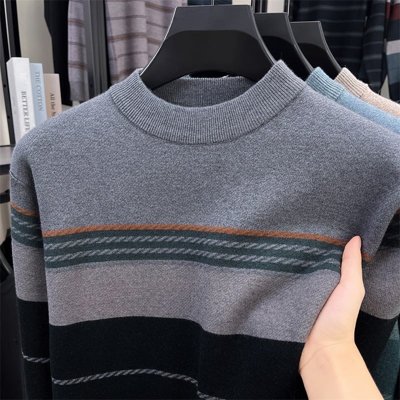 Storas vyriškas megztinis su dryžiniu mezginiu, apvali kaklo iškirptė, jacquard raštas, vilna 76–80% ir medvilnė, žiemai šilta bazinė dalis