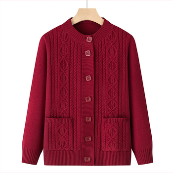 Ženski jesenski pleteni kardigan s dugim rukavima, crvene boje s geometrijskim uzorkom, casual stil