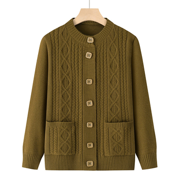 Ženski jesenski pleteni kardigan s dugim rukavima, crvene boje s geometrijskim uzorkom, casual stil