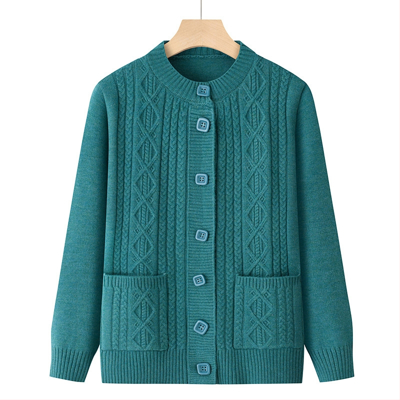 Ženski jesenski pleteni kardigan s dugim rukavima, crvene boje s geometrijskim uzorkom, casual stil