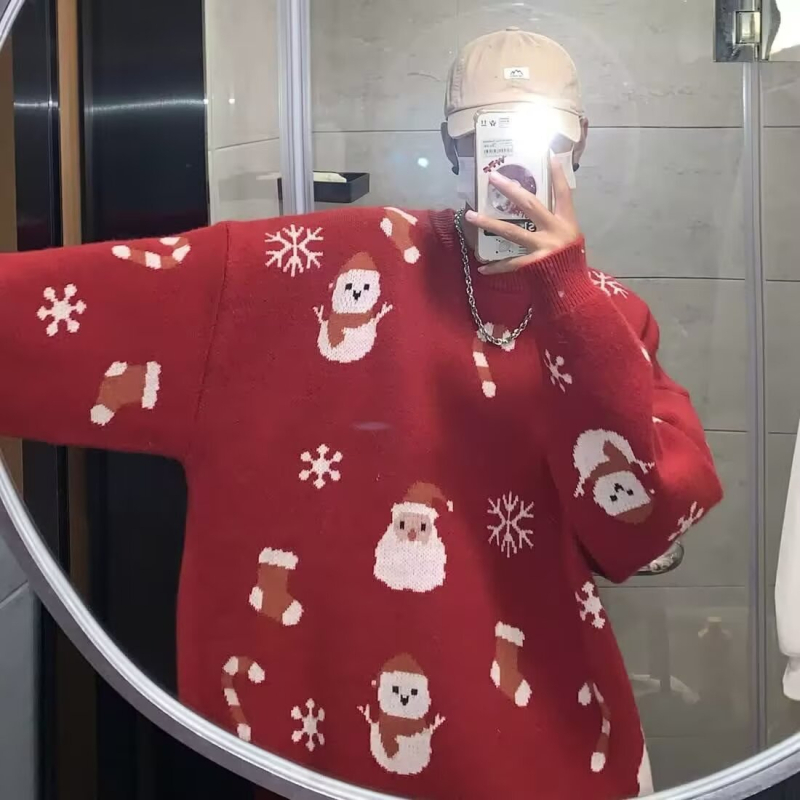 Džemper s motivom Djeda Božićnjaka, korejskog stila, široki kroj, okrugli izrez, dugi rukavi