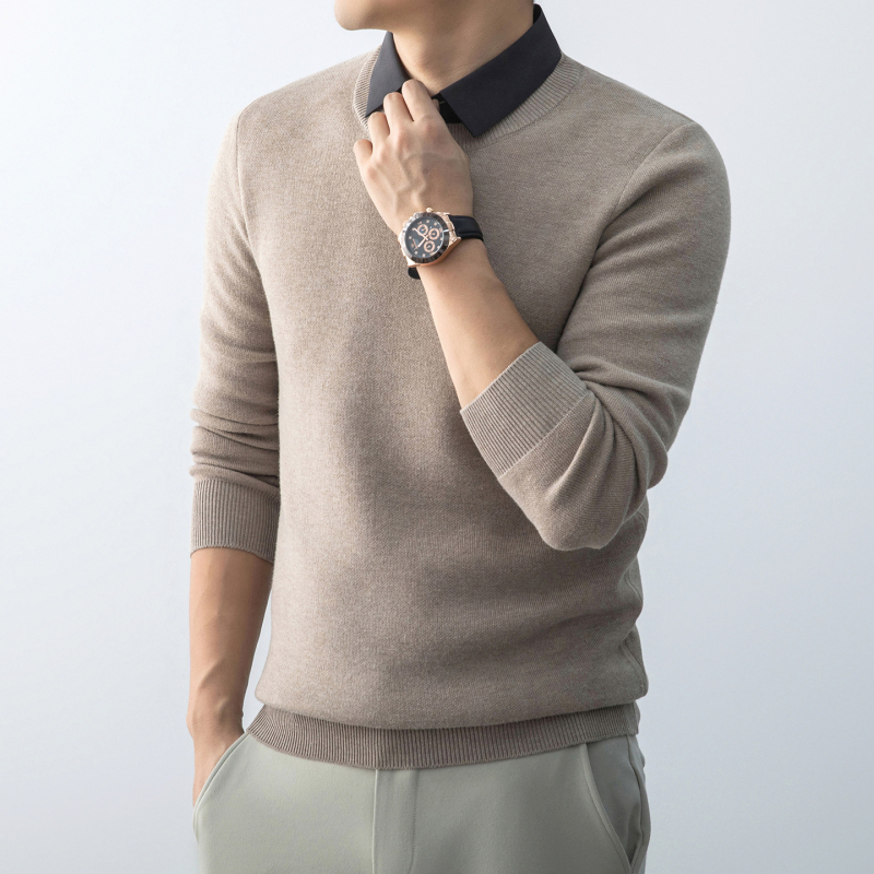 Pulover tricotat gros pentru bărbați, cu guler de cămașă, din amestec nylon-poliester-lână, mânecă lungă, tiv nervuri