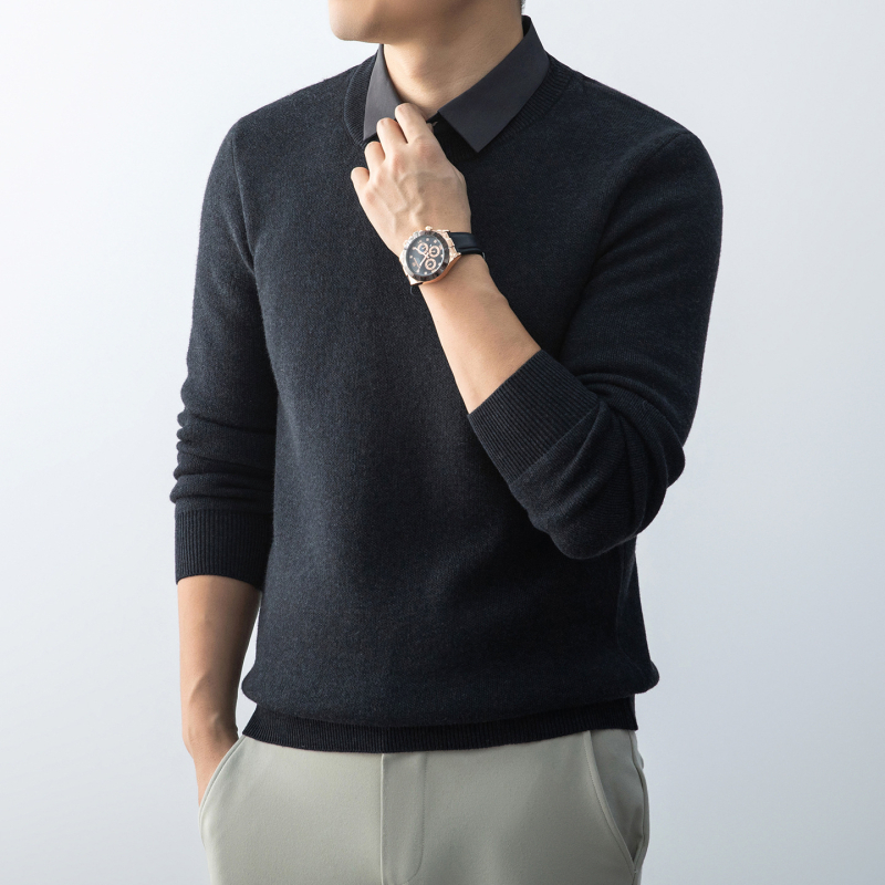 Pulover tricotat gros pentru bărbați, cu guler de cămașă, din amestec nylon-poliester-lână, mânecă lungă, tiv nervuri