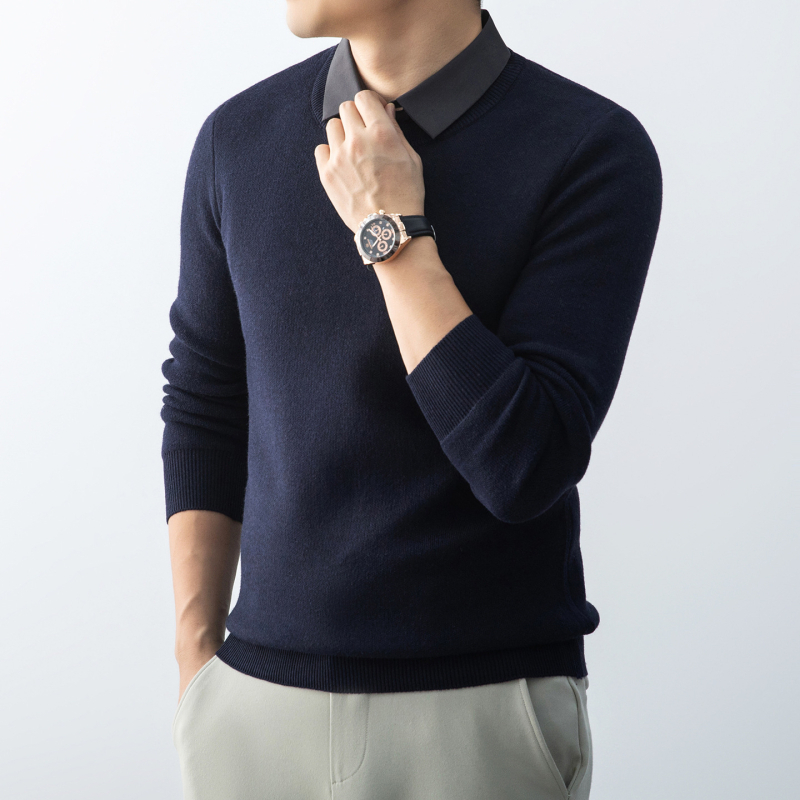 Pulover tricotat gros pentru bărbați, cu guler de cămașă, din amestec nylon-poliester-lână, mânecă lungă, tiv nervuri