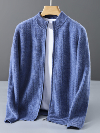 Vyrų vilnos kardiganas su jacquard raštu, stand-up apykaklė, laisvas kirpimas, ilgos rankovės