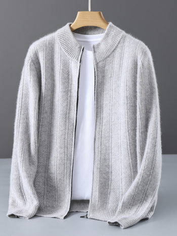 Vyrų vilnos kardiganas su jacquard raštu, stand-up apykaklė, laisvas kirpimas, ilgos rankovės