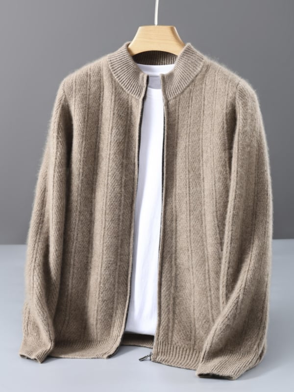 Vyrų vilnos kardiganas su jacquard raštu, stand-up apykaklė, laisvas kirpimas, ilgos rankovės