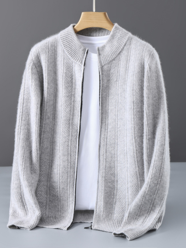 Vyrų vilnos kardiganas su jacquard raštu, stand-up apykaklė, laisvas kirpimas, ilgos rankovės