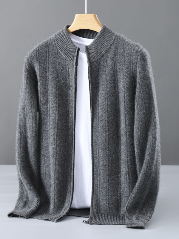 Vyrų vilnos kardiganas su jacquard raštu, stand-up apykaklė, laisvas kirpimas, ilgos rankovės